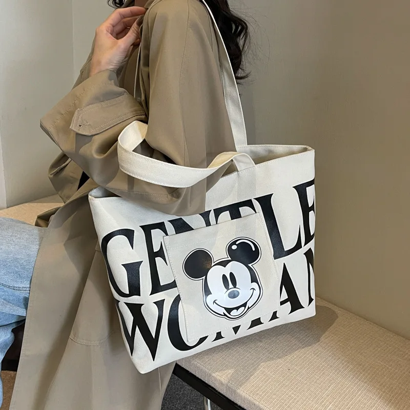 Disney Large Capacity Canvas Bag Women\'s 2024 New Trendy Cartoon Mickey Tote Bag College Student Class Shoulder Tote Bag