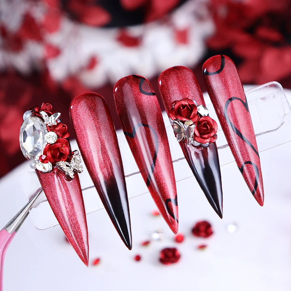 Red 3D Alloy Rose Flower Nail Rhinestone Decoration Mix Simulation Pearls Charms Nail Accessories Valentine Manicure Supplies