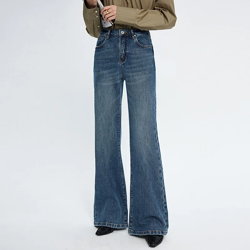 

Jeans Wide Leg Pants Women 2025 Denim Flare Trousers Stretch High Waist Pockets Washed Distressed Streetwear Floor Length