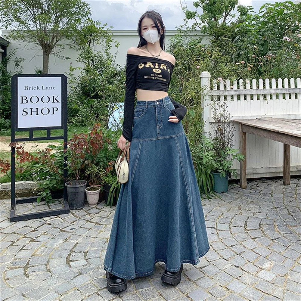 Dames Lange Rok 2024 Zomer Mode Hoge Taille Denim Rok Casual Patchwork A-Lijn Maxi Rok Elegant Wrap Lang