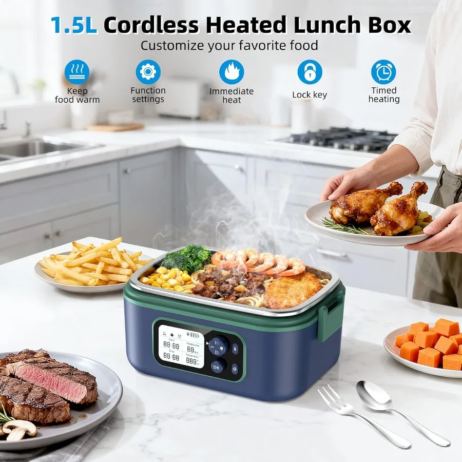 صندوق غداء ساخن مع طاقة كهربائية لاسلكية 24000 مللي أمبير في الساعة 6.3 أكواب محمولة قابلة لإعادة الشحن ذاتية التسخين لتدفئة الطعام تتميز بمؤقت #2
