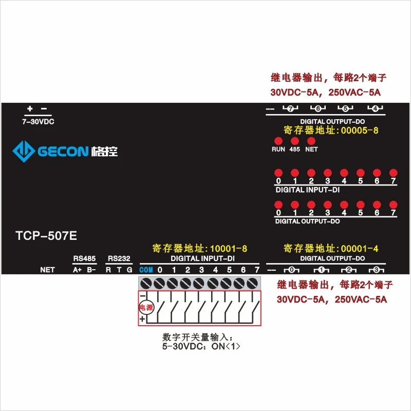 TCP-507E 8DO Relaisuitgang 8DI Digitale Ingang RJ45 Poort Tcp Ethernet Io Module Modbus Controller