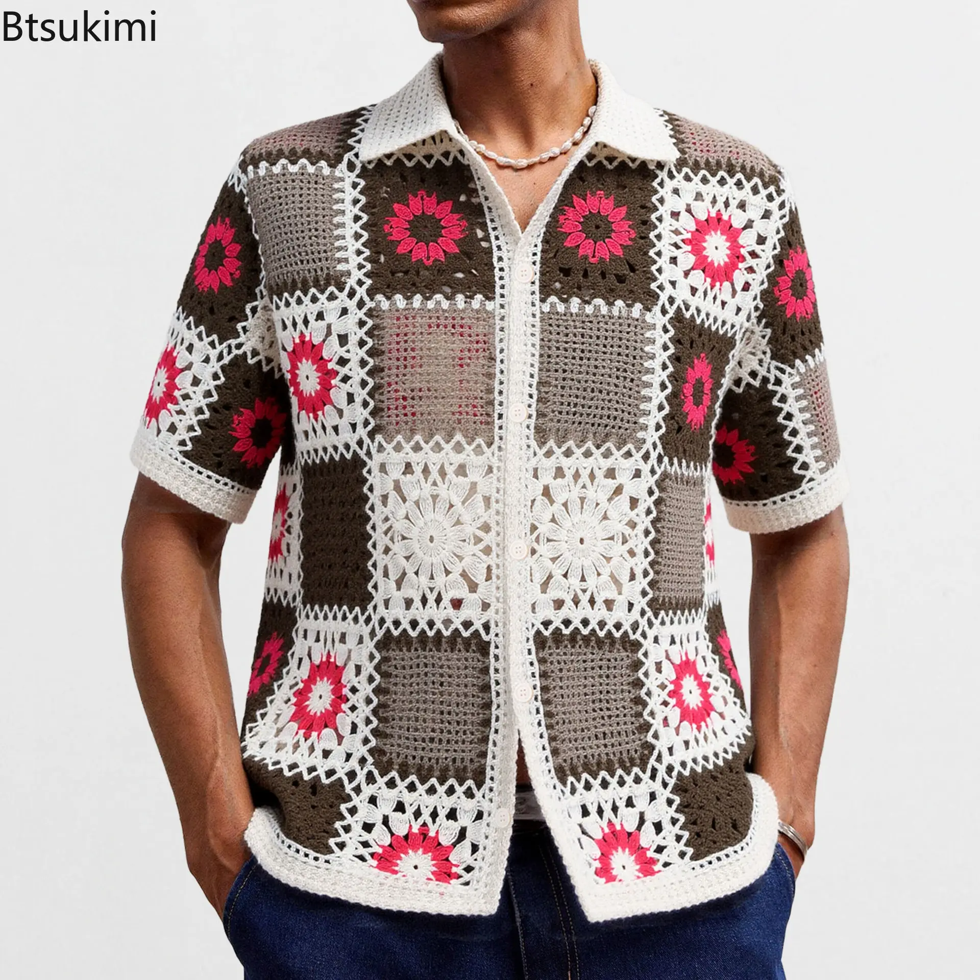 Men's Retro Ethnic Style Crochet Shirts Summer Chic Hollow Out Short Sleeve Cardigans High Quality Jacquard Knitted Polo Shirts