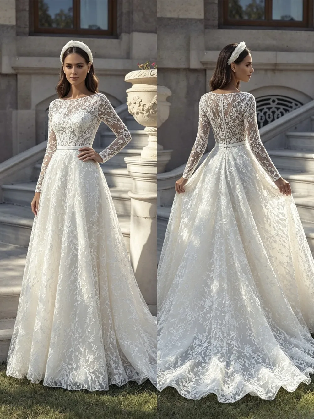 Customized Luxury Lace Long Sleeved Wedding Dress 2026 Heart-shaped Neckline with Sequins and Pleated Edges Suitable for Parties