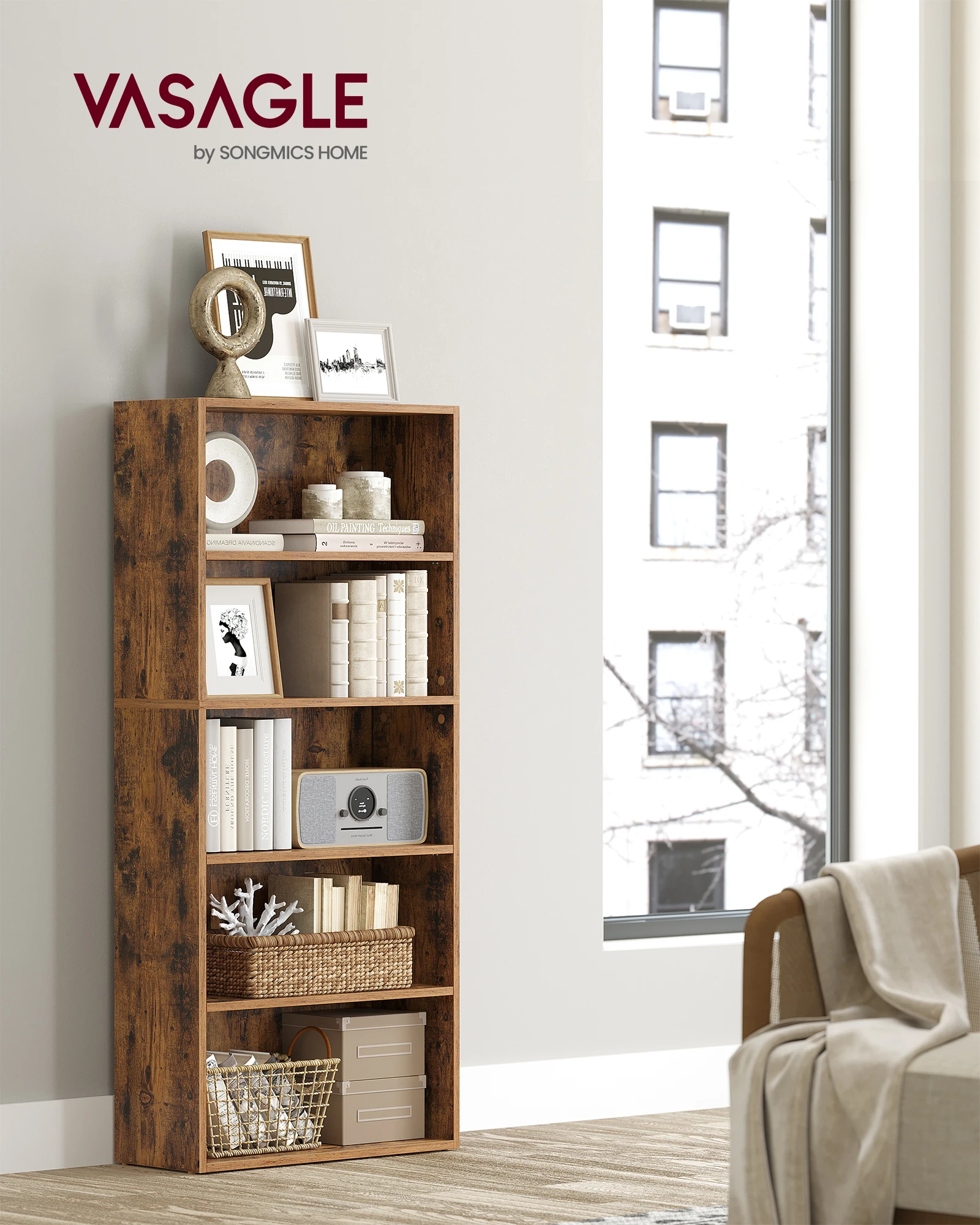 VASAGLE Bookshelf, 23.6 Inches Wide, 5-Tier Open Bookcase with Adjustable Storage Shelves, Floor Standing Unit