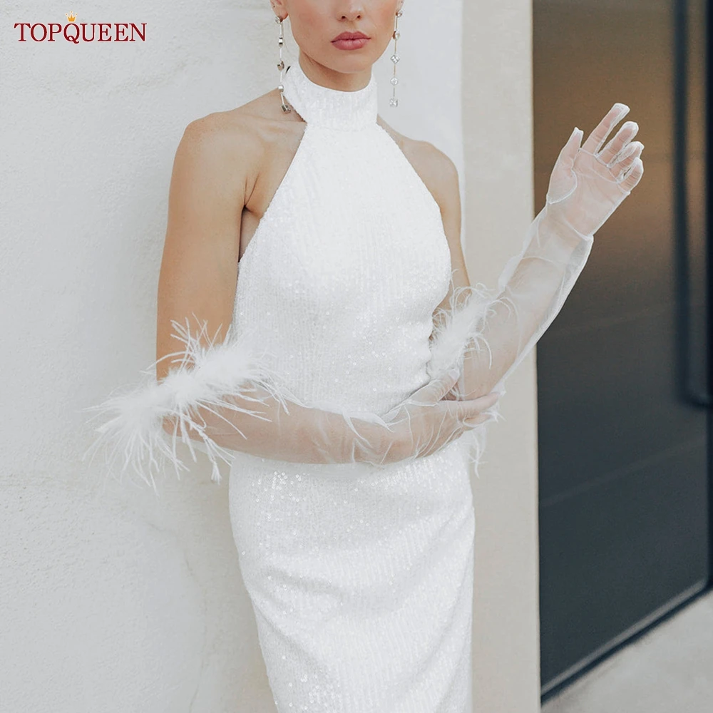 TOPQUEEN Bride Sleeves Wedding Bridal Gloves Feather Elbow Length Ladies Gloves Bachelorette Party Accessories for Girls