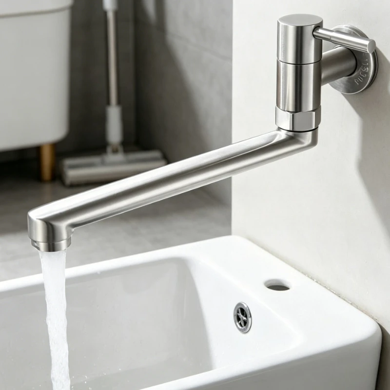 304 Stainless Steel Wall Mount Single Cold Tap With Long Spout Quick Open Faucet Kitchen Stove Mop Tub Laundry Basin Fixture