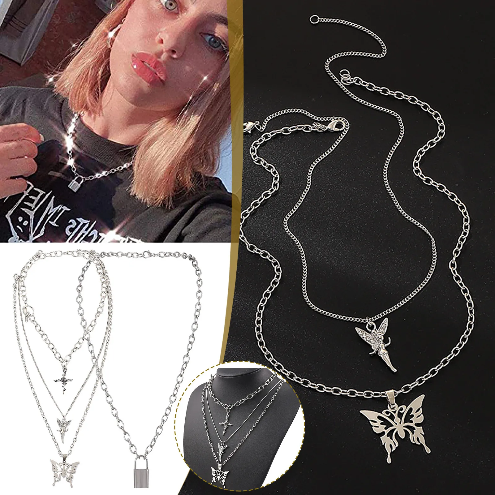 Layered Y2k Butterfly Pendant Necklace Women Hip Hop Crystal Choker Trendy Fashion Jewelry Gift Hip Hop Necklace Women'S 2026 T1