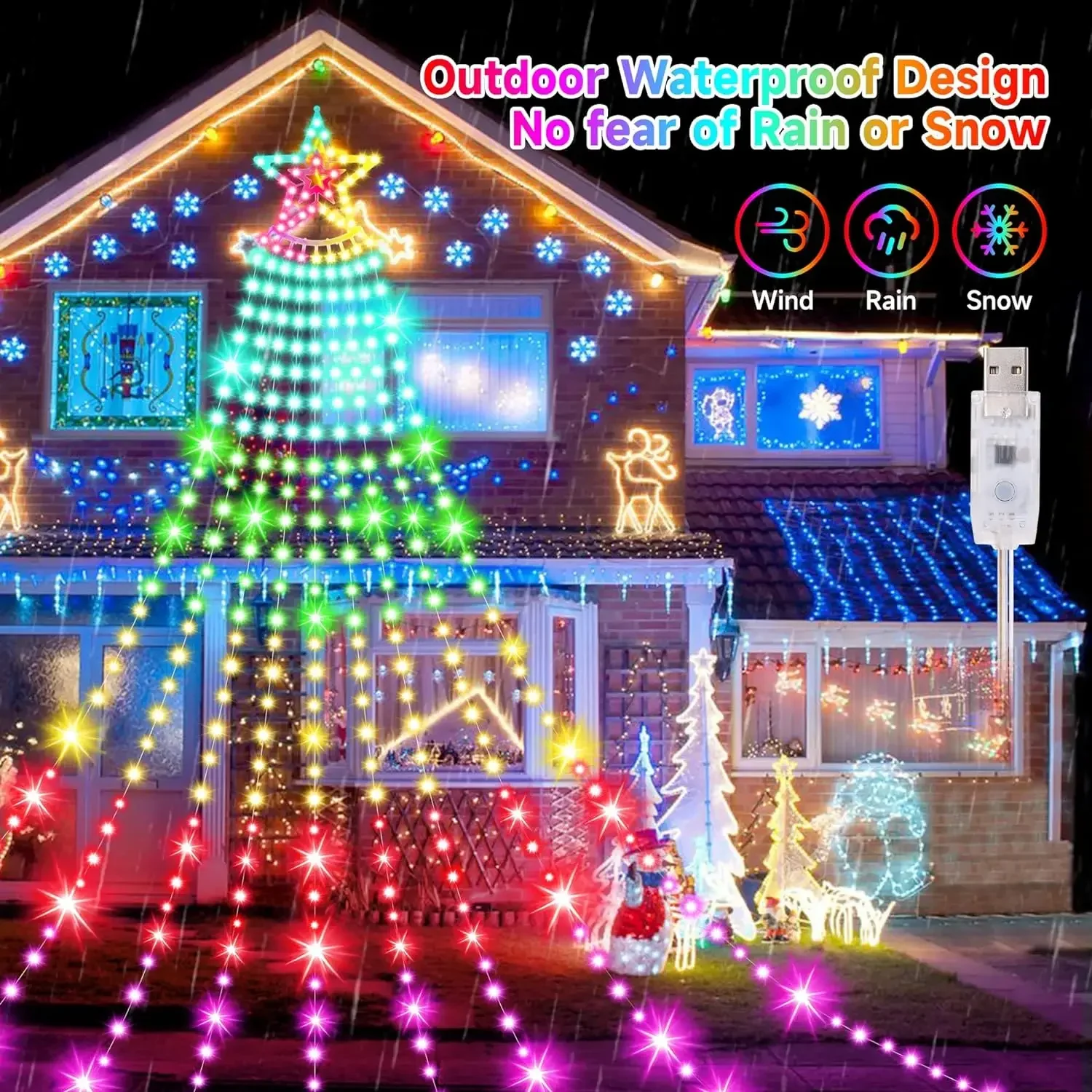 Christmas Decorations, RGB Waterfall LED String Lights with Star, APP Remote Control, Music Sync New Year Decor Fairy Lights