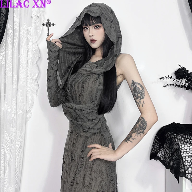 

Y2K Vintage Hooded Bodycon Long Party Dresses Sexy Grey Oversleeve Holes High Slit Midi Dress Women Fashion Dresses Streetwear