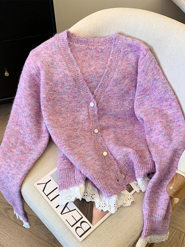 Women Purple Cardigan Sweater Harajuku Korean Y2k Long Sleeves V-Neck Cashmere Sweaters Jumper 90s Vintage 2000s Clothes Autumn