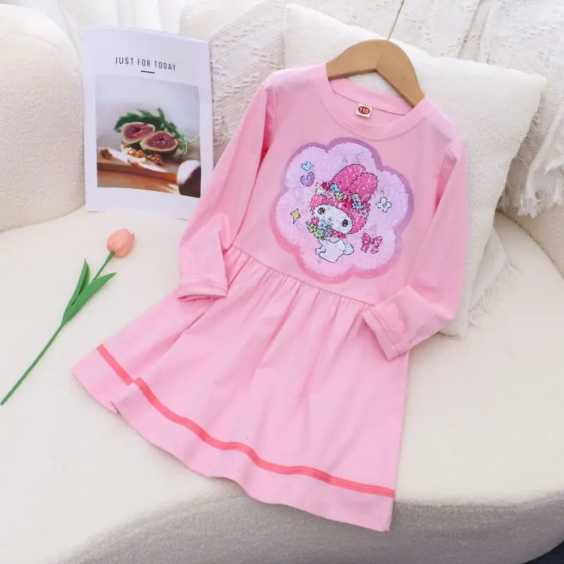 Sanrio Girls' Dress Cartoon Casual Cotton Kuromi Color Change Cartoon Sequins My Melody Long-Sleeved Skirt Spring and Summer New