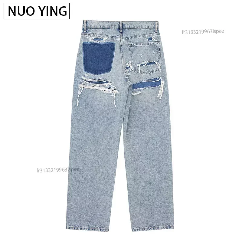 Women's Fashion Jeans Solid Colour Loose Trousers Gradient Colour Casual Streetwear Pant Broken Holes Decorated Jeans