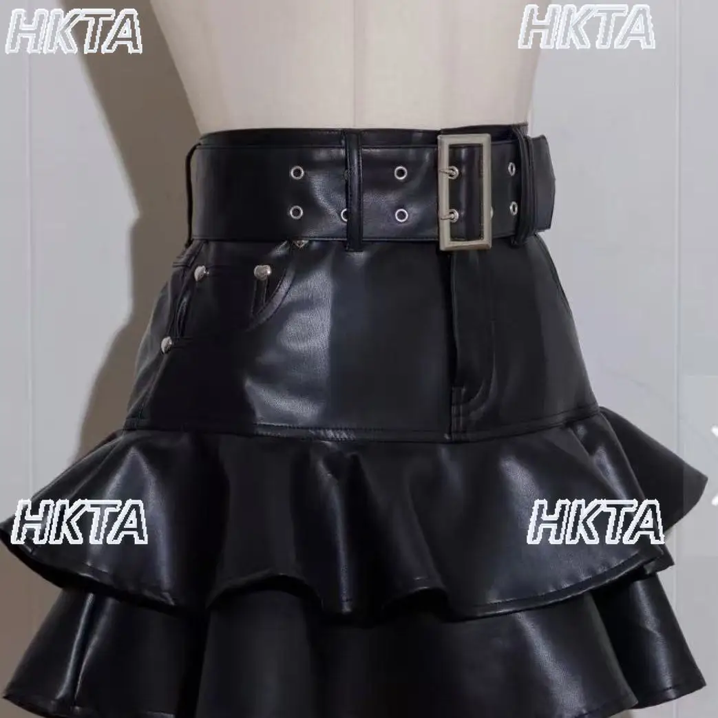 Japonais doux Cool coeur poche Double rangée trou ceinture mignon gonflé Pu jupe 2025 hiver nouvelle taille haute mince noir Denim jupe