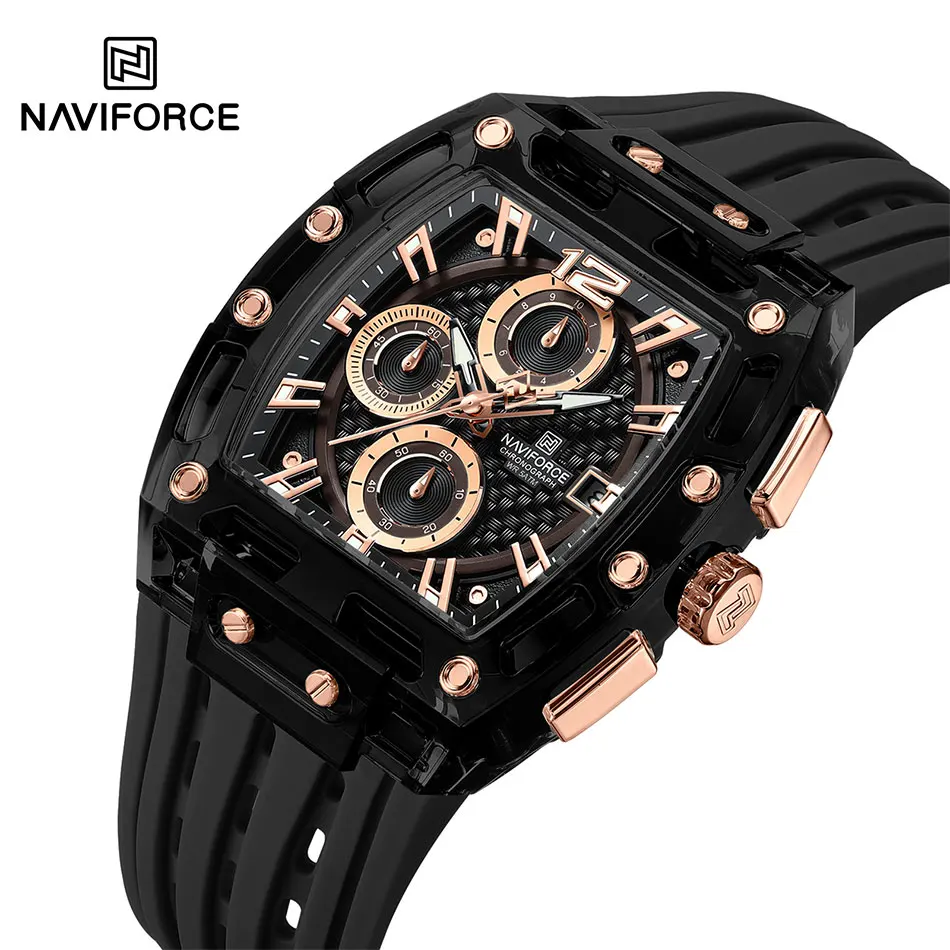 NAVIFORCE Sports Watches For Men Sport Silicone Strap LuminousWristwatch Quartz Watch Tonneau Multifunctional Waterproof Clock