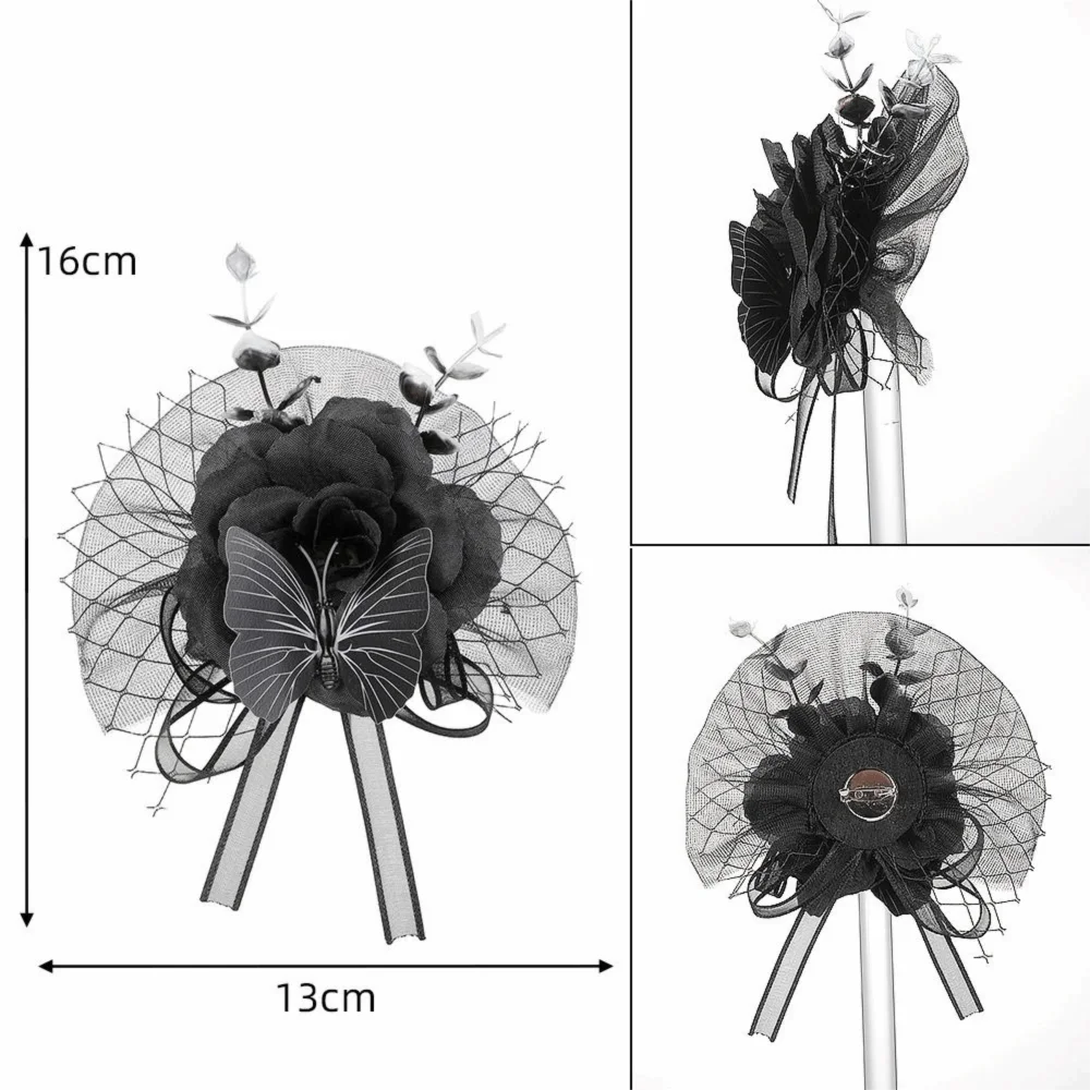New Fabric Flower Rose Corsage Tulle Mesh Black Color Flower Brooch Ribbon Wearable Design Costume Corsage Butterfly Decor