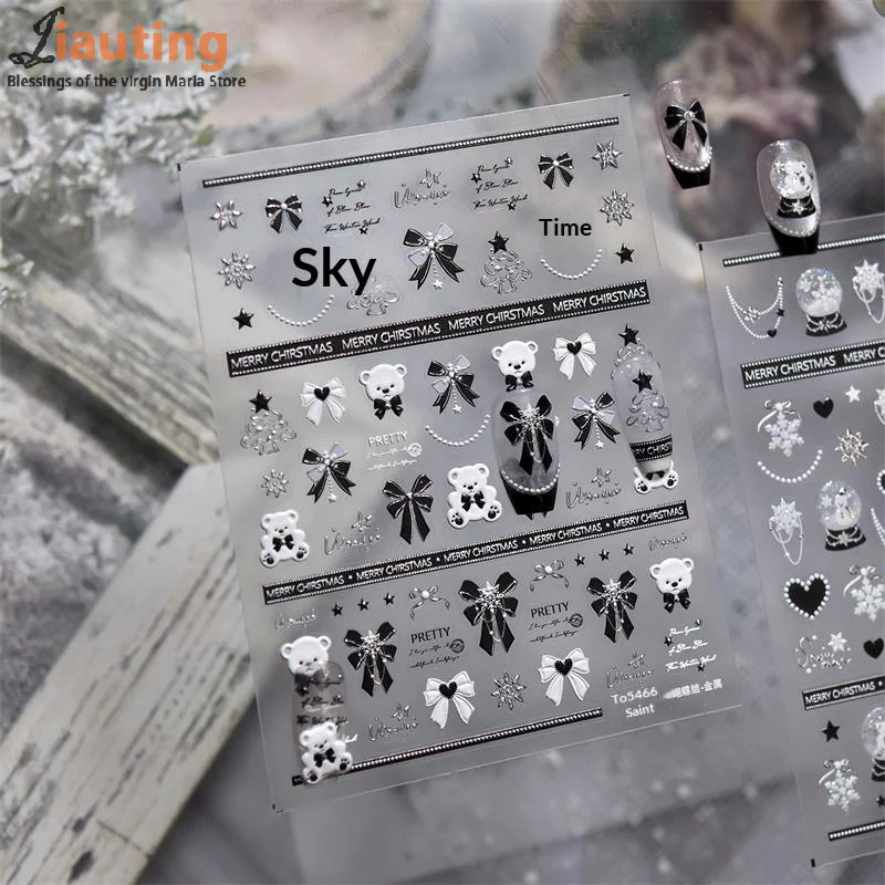 Pretty Snowflake Bow Crystal Ball Nail Art Sticker Embossment Self Adhesive Nail Sticker New Year Christmas Manicure Decals Gift