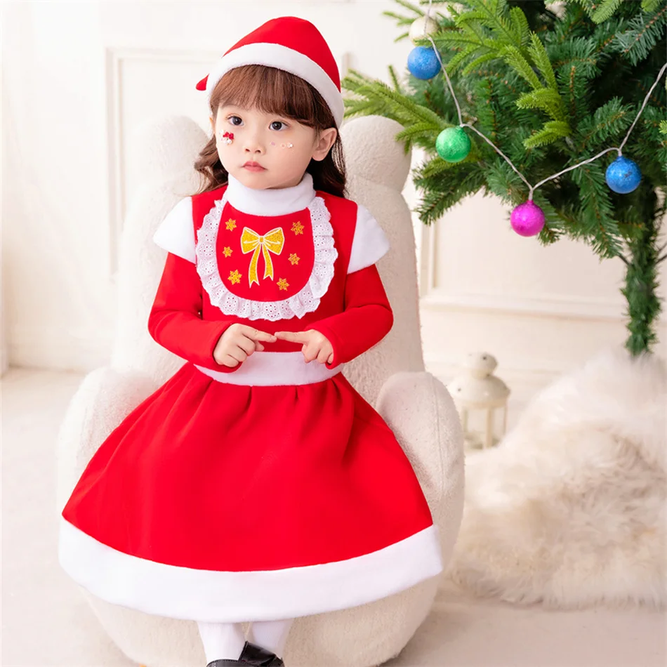 Girls Xmas Fleece-lined Dress Kids Christmas Present Carnival Party Clothes Children Red Festival Costume New Year Warm Outfits