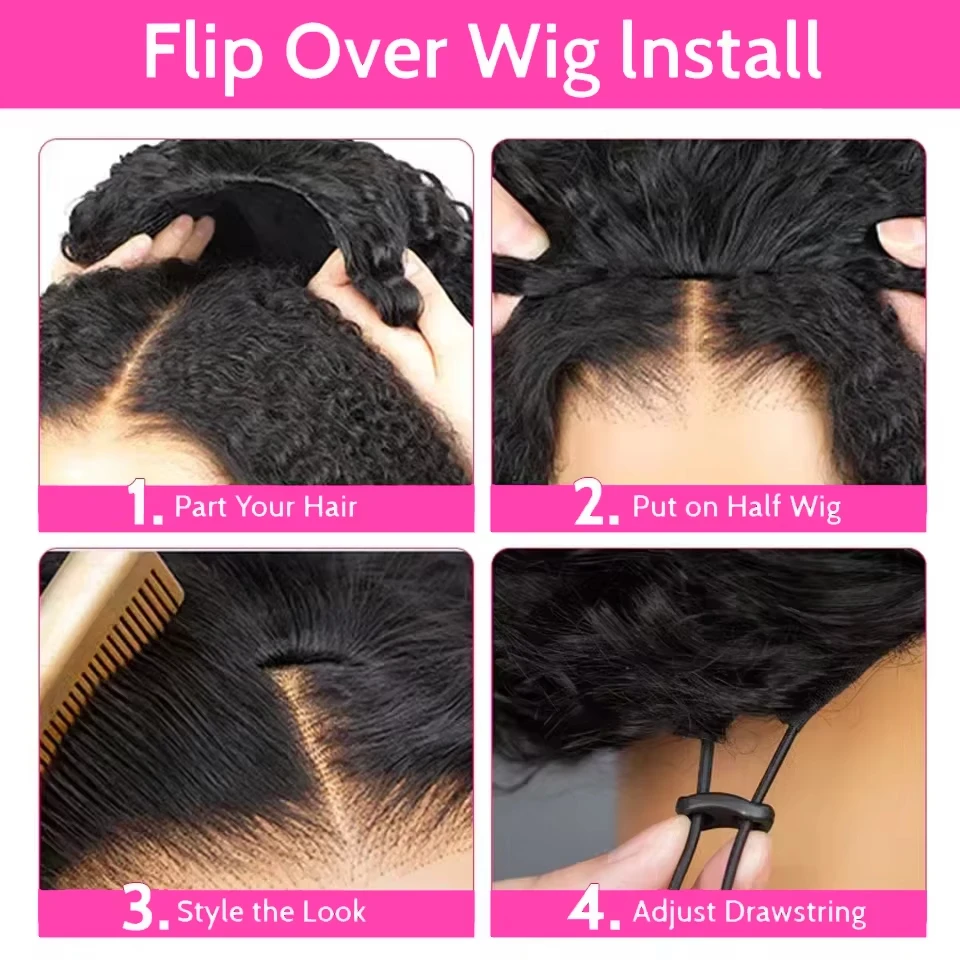 210 Density Kinky Curly 3 IN 1 Half Wigs Human Hair With Drawstring 30 32 Inch Deep Wave Hair Half Wig Deep Wave Ready to Wear Half Wigs Full Machine Wig image 4