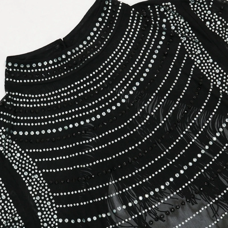 Sparkle Black Mesh Sheer strass abito da compleanno per donna Luxury Elegant Backless nappa frange Bodycon Party Dresses Club