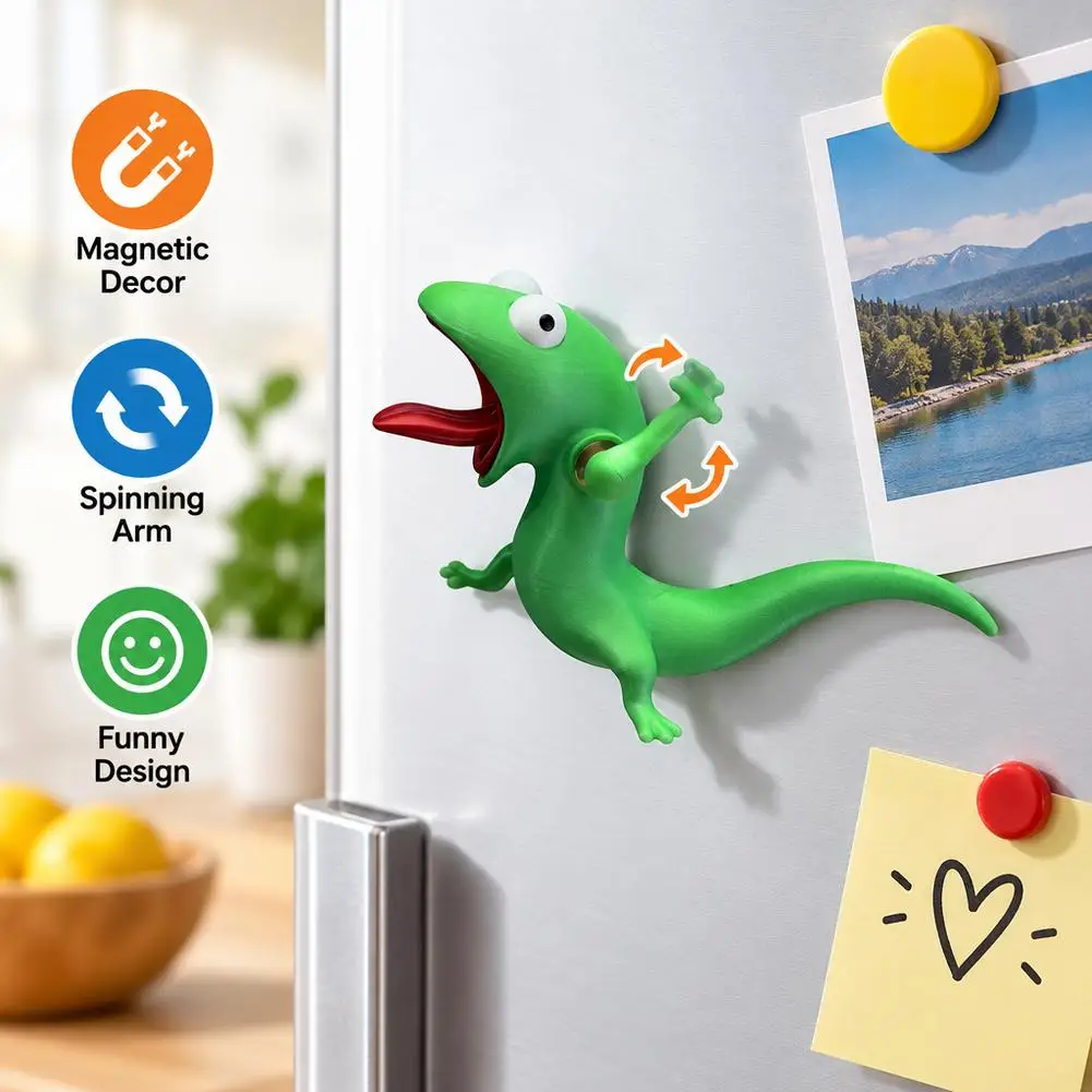 Cute Lizard Fridge Magnet 3D Printed Spinning Waving Arm Stress Relief Refrigerator Magnetic Desktop Decor For Adults Gift