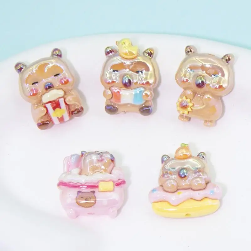 5Pcs/set Cute Cartoon Kawaii Capybara Cross Dressing Fruit Cake DIY Resin Cream Phone Case Hair Accessories Materials