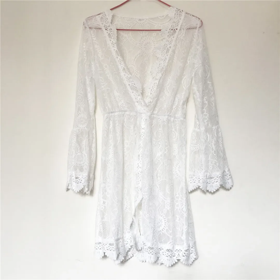 2024 Summer Women Sexy White Lace Crochet Tunic Beach Dress Bikini Cover Up Swimsuit Swimwear Cover-ups Beachwear Female