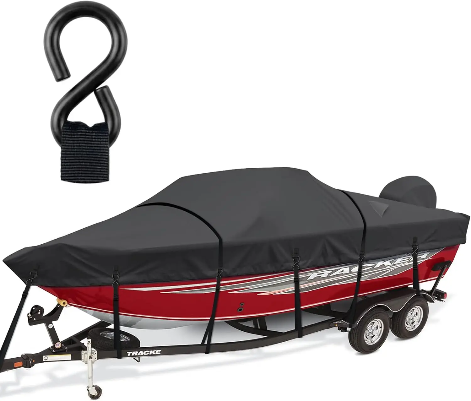 

Heavy Duty 1200D Waterproof Boat Cover 16-18.5ft with Motor Cover, Metal Buckle, Windproof for Bass V-Hull Tri-Hull Runabout, Black