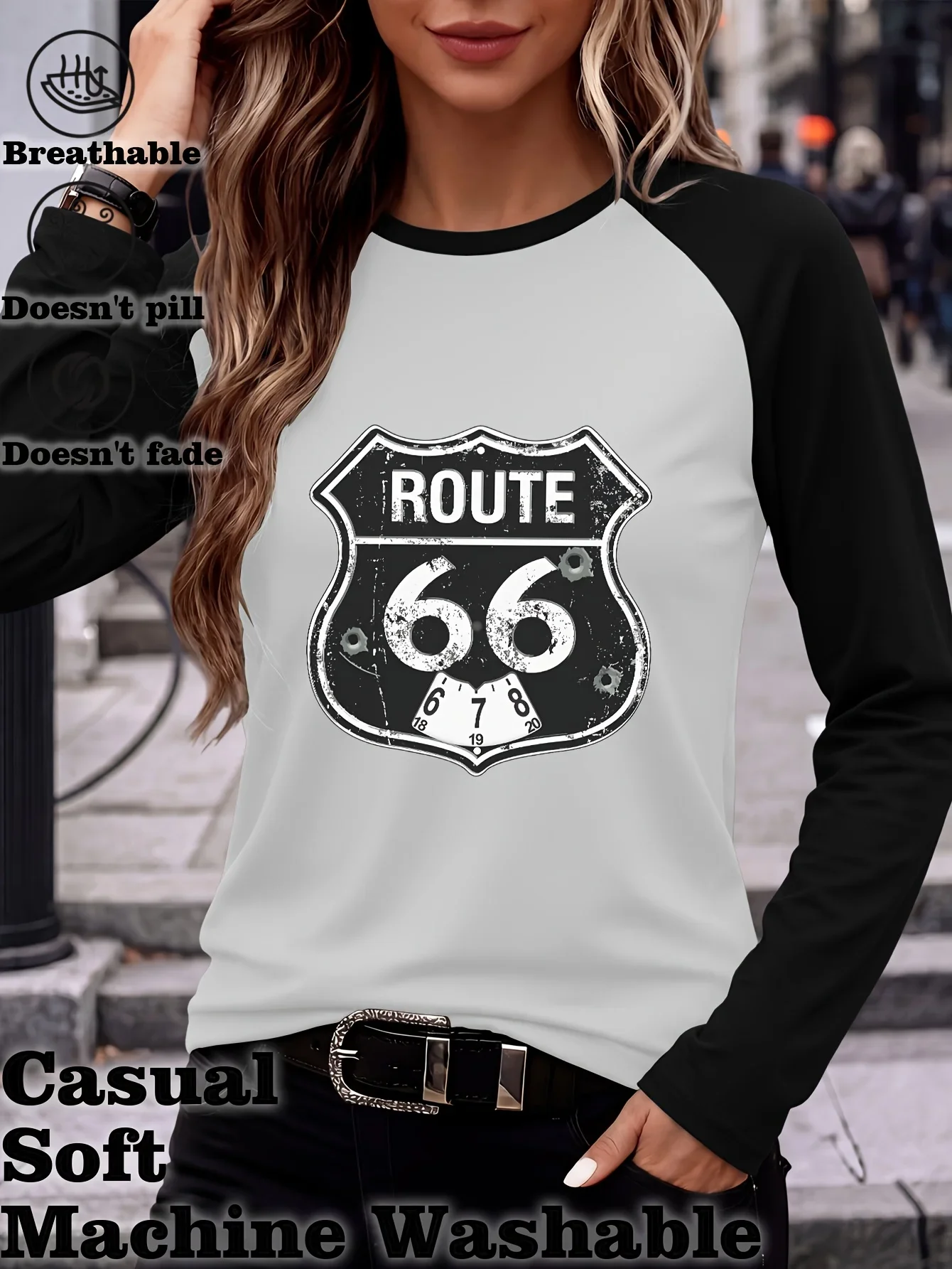 Women's Vintage Route 66 Road Sign T-Shirt with Bullet Hole Clock Print Retro Americana Raglan Long Sleeve Tops Clothes Femme