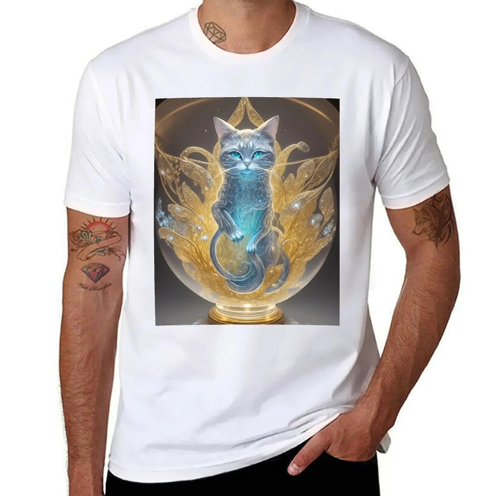 

Blue glass cat adorned with gold accents T-Shirt cotton tshirt 100% t shirt for man T-Shirt