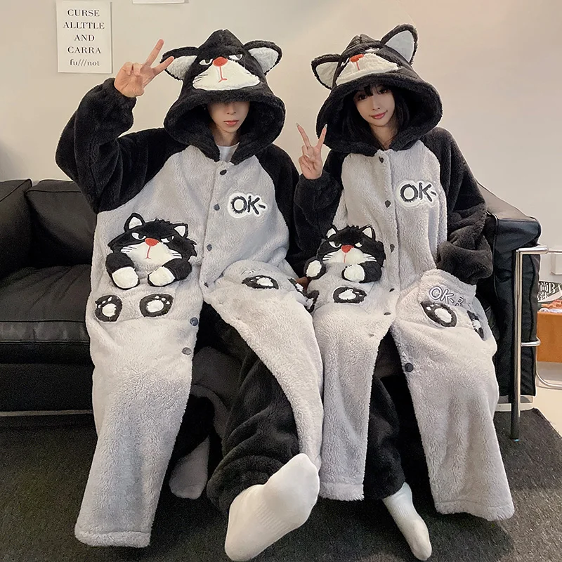 Winter Robes for Women Men Pajamas Hooded Thicken Soft Warm Long Nightgown Sleepwear Kawaii Cat Ropa De Mujer Plush Loungewear