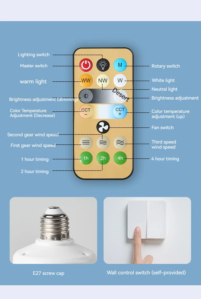 Ventilador de techo E27 con luz y ventilador eléctrico silencioso, lámpara de techo con Control remoto, luces para sala de estar