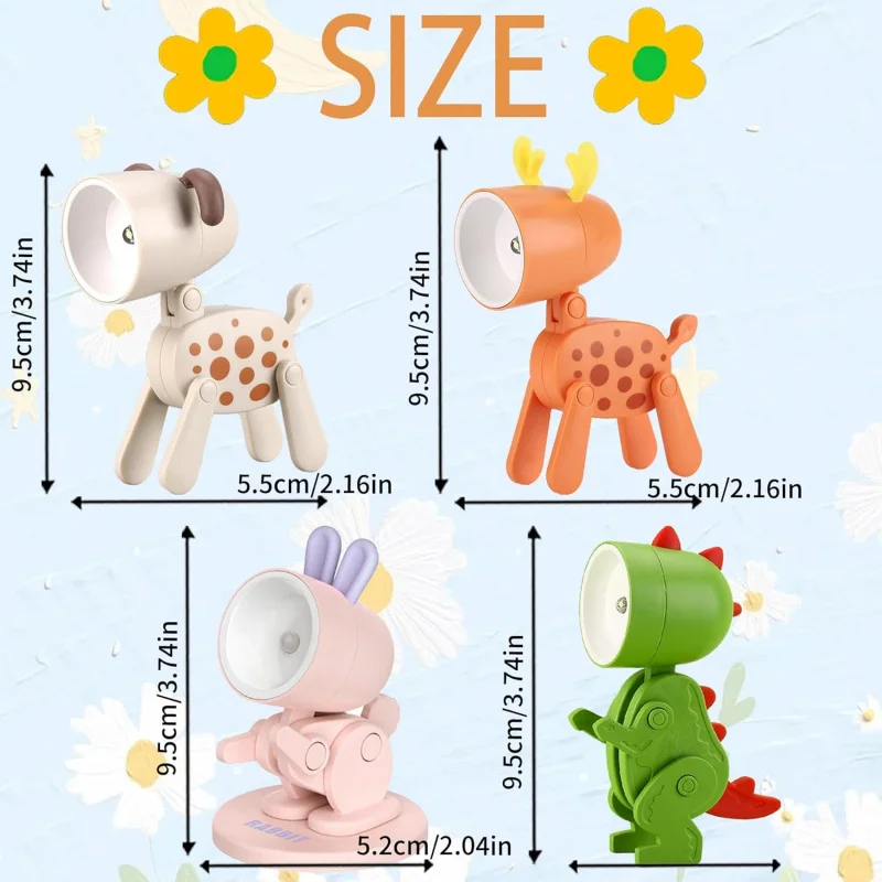 Cartoon Mini Night Light, 4 Pieces Cute LED Lamps, Mini Animal Lamps, Foldable Small Table Lamp with Battery, Portable