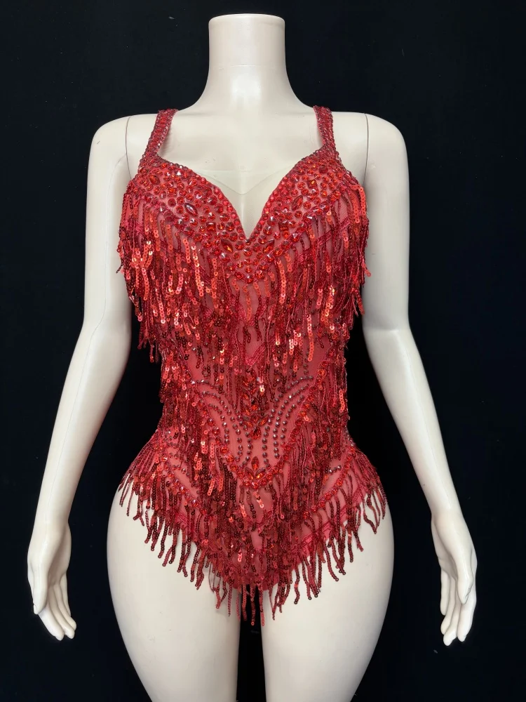 Women Sexy Sparkly Red Silver Crystal Stretchy Night Club Singer Dancer Shinning Tassel Stage Costume Party Bodysuit