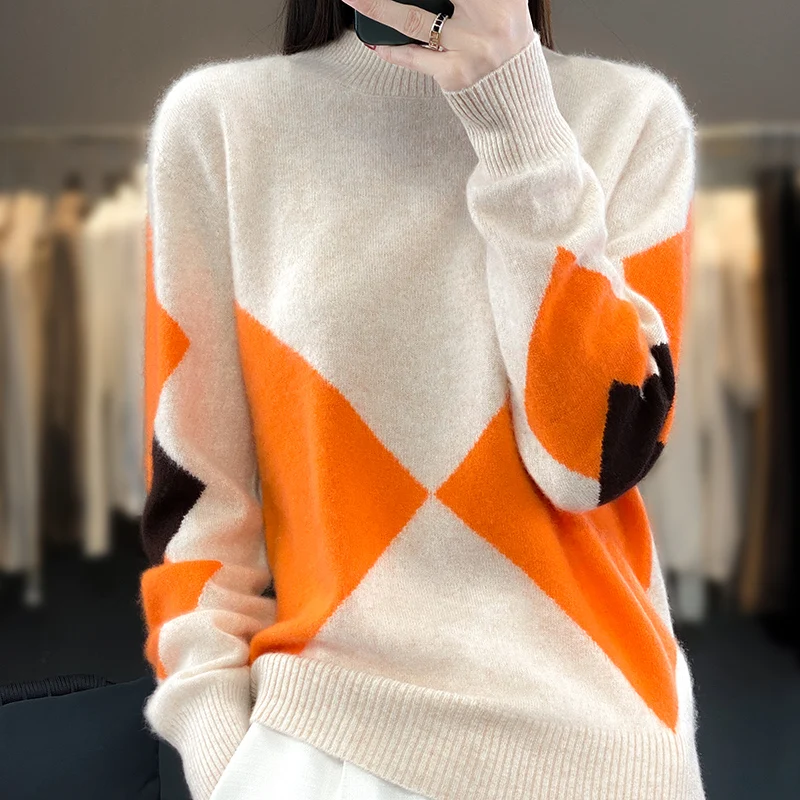 

100% Merino Wool Autumn Winter Sweater Half-turtleneck Pullover Contrast Color Cashmere Classic Long Sleeves Clothing Top