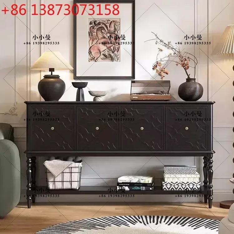 French retro solid wood dining side cabinet, living room storage cabinet, retro carved multi-layer storage cabinet
