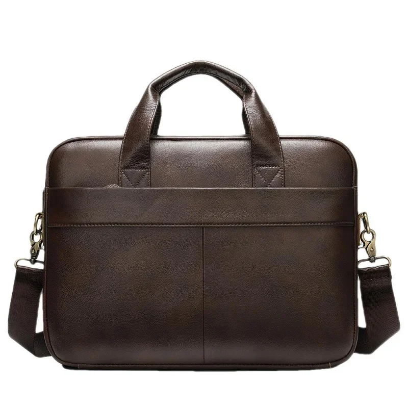 Retro Men Genuine Handbag Cowhide Leather Briefcase 14-Inch Computer Large Capacity File Male Shoulder Bag