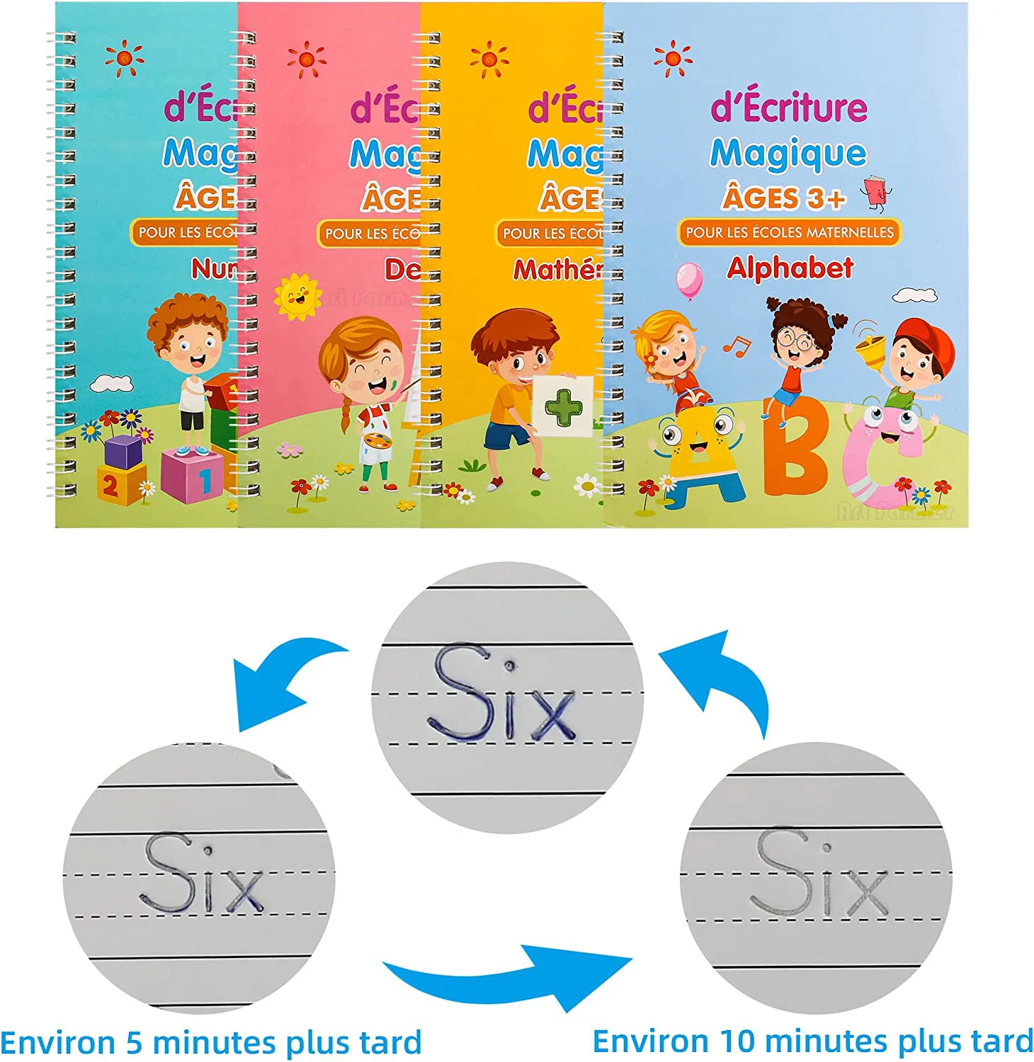 Libro de escritura mágica francesa para niños, cuadernos de matemáticas, caligrafía Montessori, aprender a escribir, libro de copia 3D, 4 libros por juego