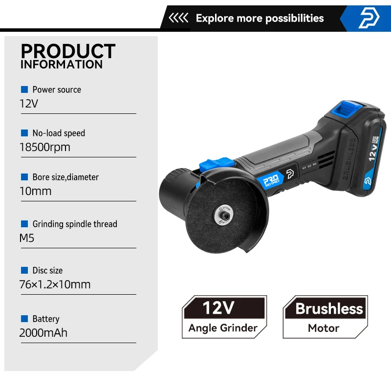 12V Mini Brushless Angle Grinder Cordless Polishing Grinding Machine 2000mAh 18500RPM Electric Power Tools For Home PROSTORMER