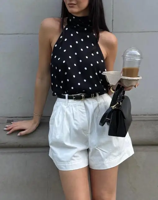 

2025 Autumn New Sexy Spicy Girl Style Polka Dot Belt Hanging Neck Strap Women's Tank Top