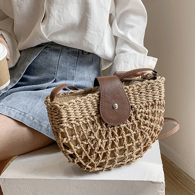 Yogodlns Sommer Stroh Tasche Für Frauen Mode Halbkreis Umhängetaschen Rattan Handgemachte Messenger Handtasche Reise Strand Taschen Tote – Detail 10