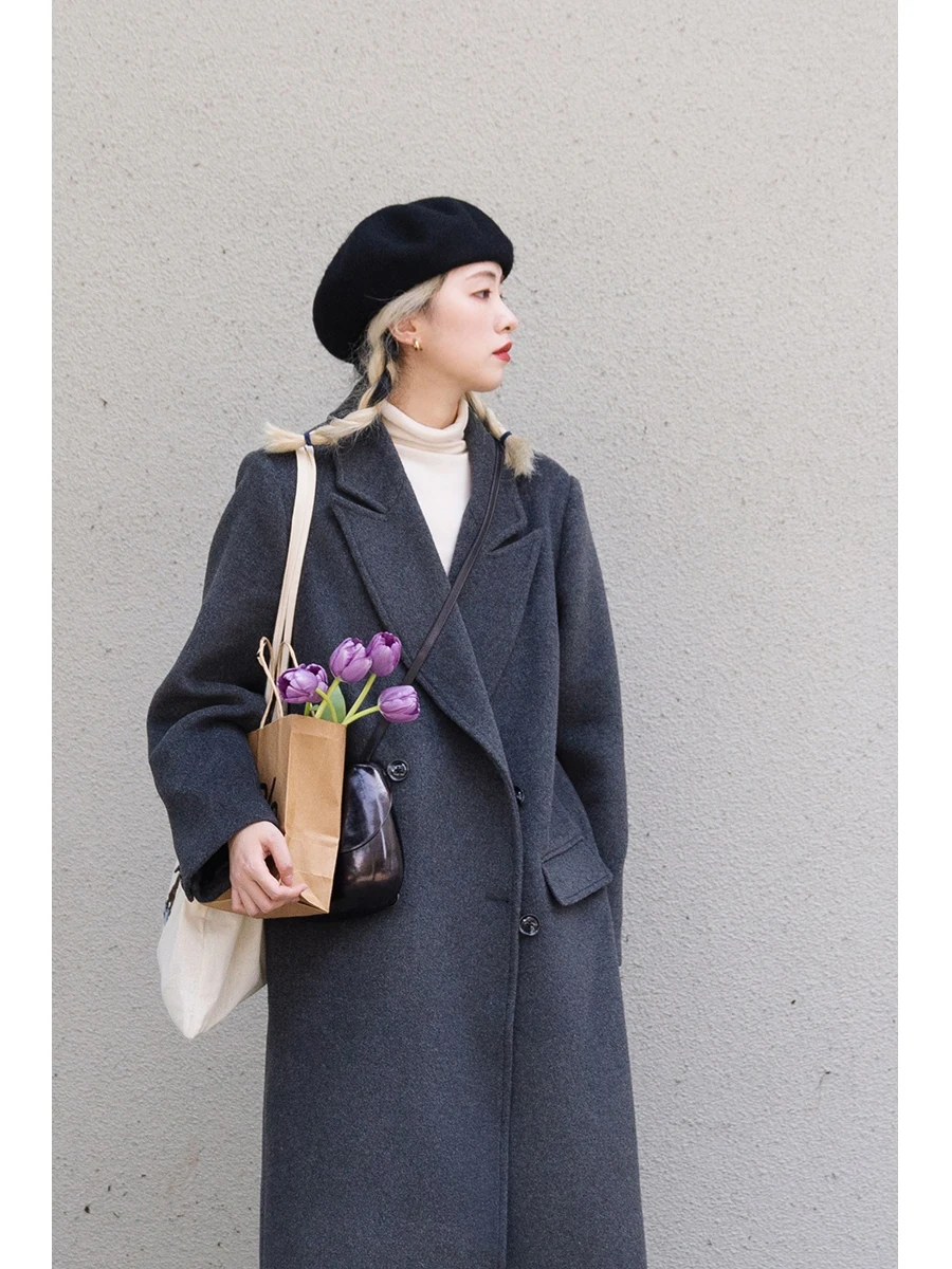 

TICOTIKOO Winter New Retro Classic ey Woolen Suit Jaet Double Row Buttons Mid-Length Coat Commute Sle Thiened Long Sl...