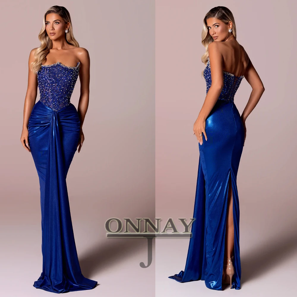 ชุดราตรีหนังสีน้ำเงินรอยัลแบบสั่งตัด W1025 ประดับลูกไม้คริสตัลสไตล์เมอร์เมด ดูไบ ซาอุดีอาระเบีย ชุดราตรีสำหรับงานเลี้ยง ไซส์พลัส
