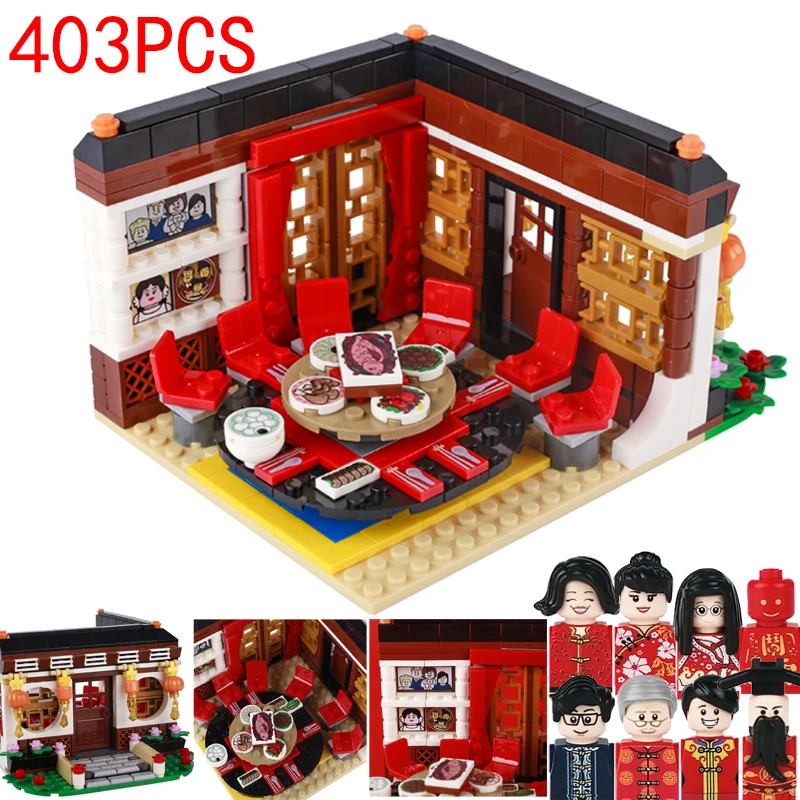 

MOC Chinese Family Reunion Dinner Building Blocks New Year City Street View House Furniture Food Bricks Model Toys Kids Gifts