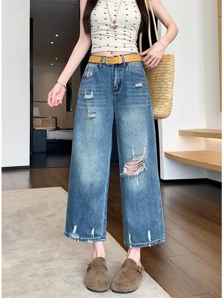 

Fashionable Retro Hole Eighteen Jeans Women Summer New High Waist Straight Loose Wide Leg Match All mid Pants Commute Style