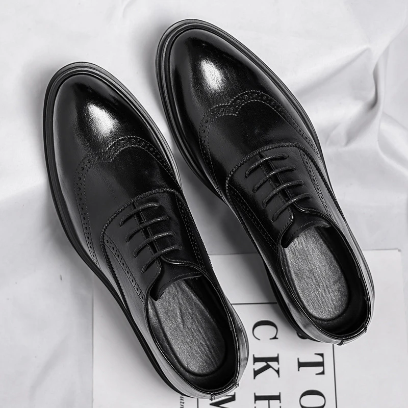 Mens Black Genuine Height Leather Brogue Textured Lace Up Formal Business Office Groom Wedding Daily Wear Shoes Simple Fashion