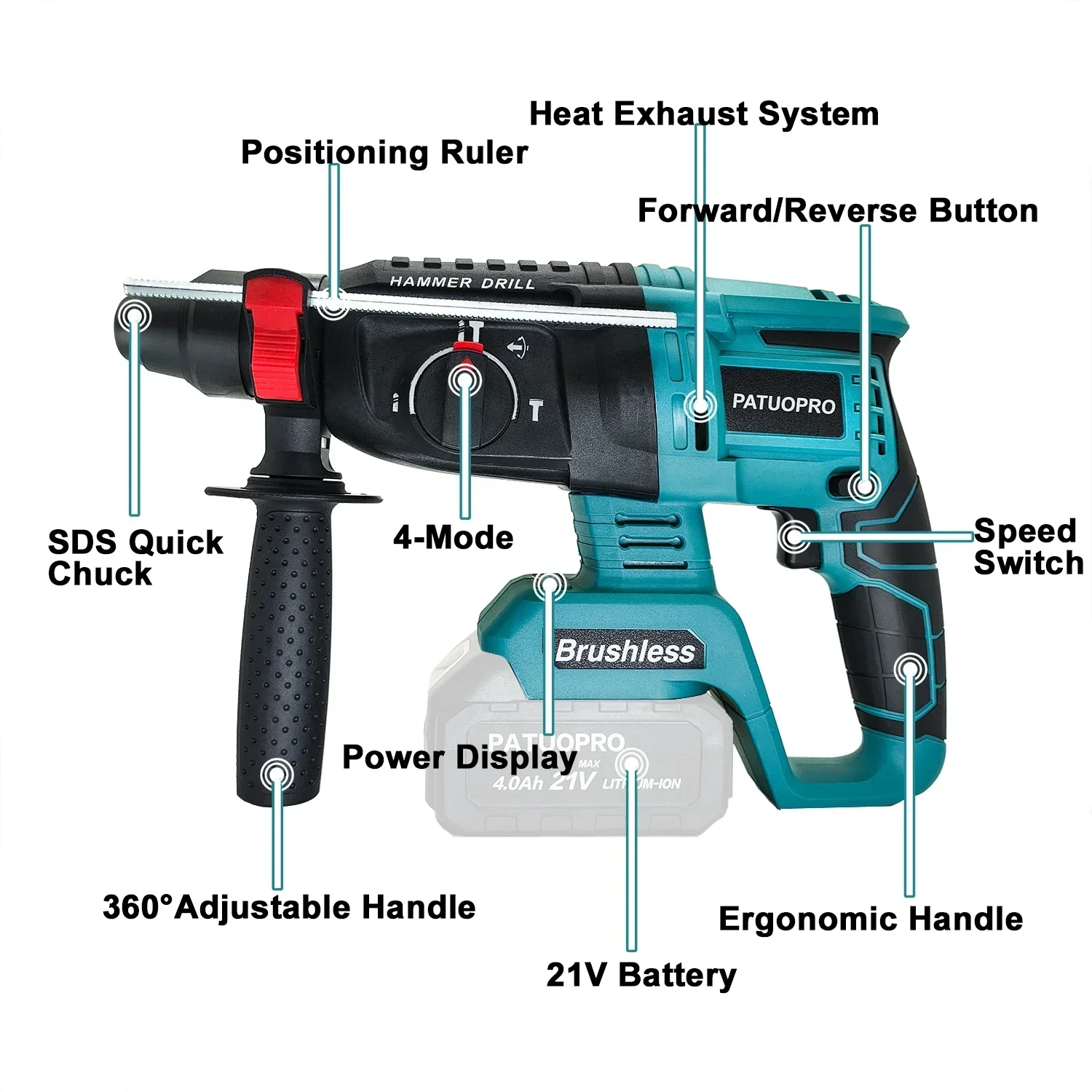 Brushless Cordless Rotary Hammer Drill 18V SDS Plus Electric Hammer Drill 4 Modes Power Tools fit Makita 18v Battery(No Battery)