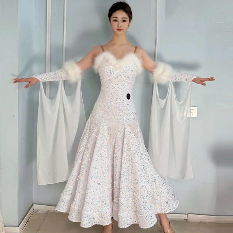 

Костюм для выступлений в бальных танцах в стиле вальс для женщин, с пайетками, с пышными рукавами, современное танцевальное платье, платье для латиноамериканских танцев для взрослых XS11128