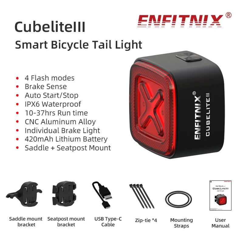 

Enfitnix Cubelite III Auto Brake Bike Taillight Smart Sensor Cycling MTB ROAD Rear Lights Bicycle LED Warning Light USB Charging