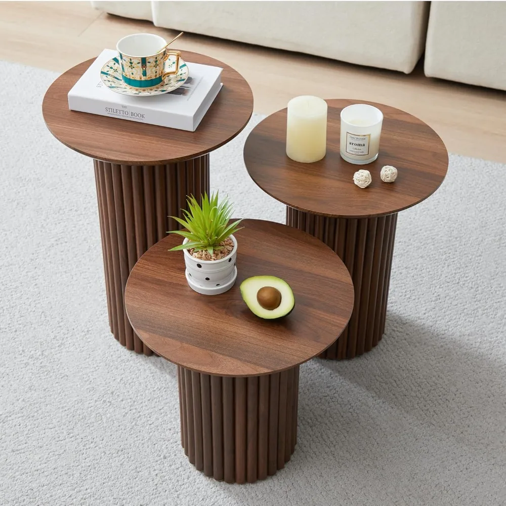 Tri-Level Nesting Coffee Table Set in Mid-Century Modern Style, Fluted Coffee and End Table Duo, Compact Circular Wooden Side Ta